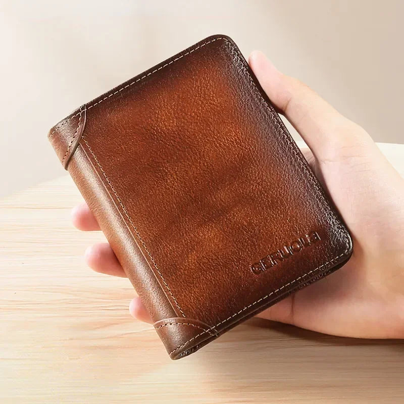 New Genuine Leather Rfid Protection Wallets for Men Vintage Thin Short Multi Function ID Credit Card Holder Money Bag
