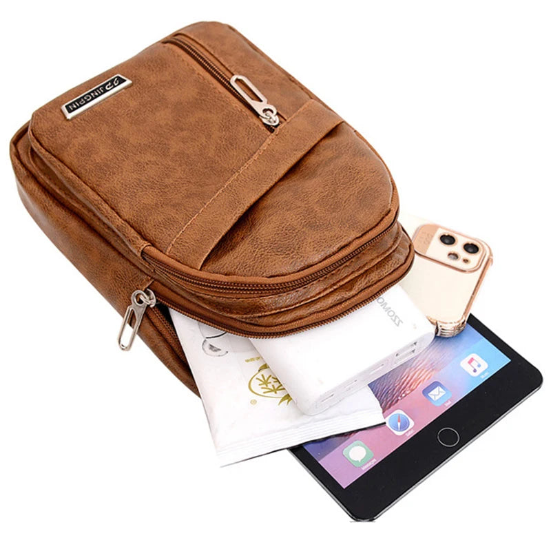 Small Backpack Fashionable Sports PU Leather Crossbody Shoulder Bag Headphone Hole Large Capacity Men's Chest Bags Package Case