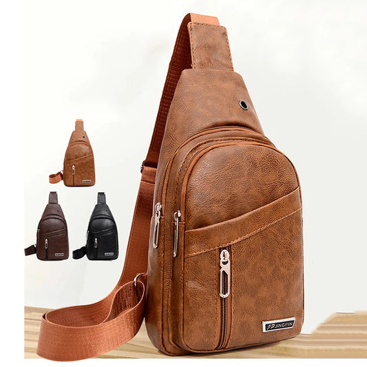 Small Backpack Fashionable Sports PU Leather Crossbody Shoulder Bag Headphone Hole Large Capacity Men's Chest Bags Package Case