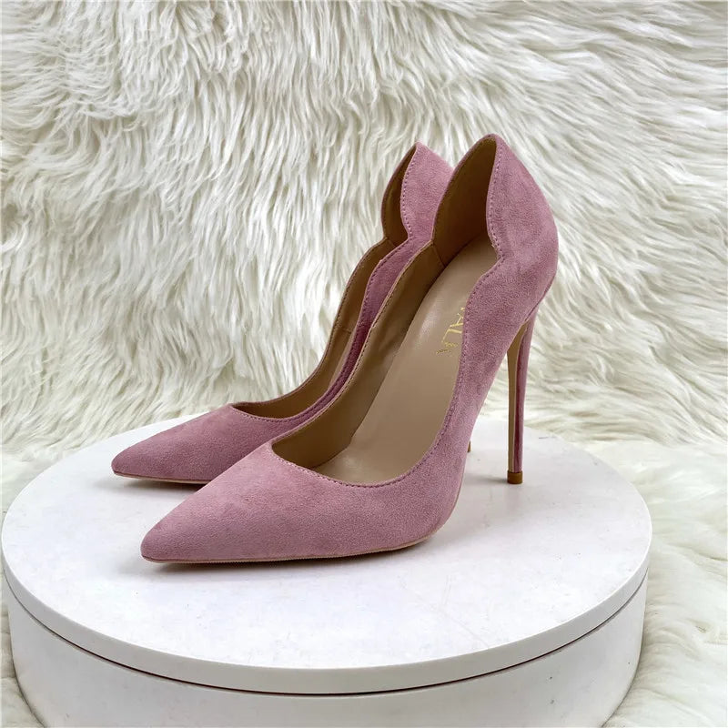 Heelgoo Pink Synthectic Suede Women Curl Cut Pointy Toe High Heel Shoes Elegant Comfortable Flock Stiletto Pumps 8cm 10cm 12cm