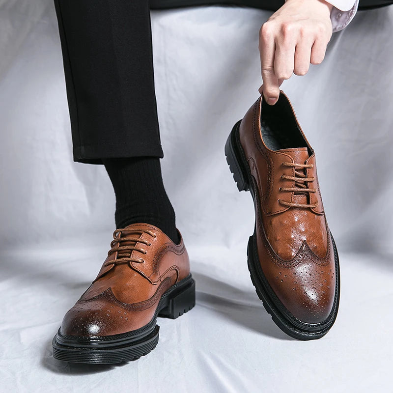 Luxury Men's Elevator Leather Shoes Thick Bottom Dress Shoes Brogue Carving British Casual Business Shoes Elegant Career Oxfords