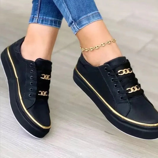 Women's Sneakers New Fashion Chain Leather Comfortable Round Toe Platform Sneakers Lace-up Walking Women's Vulcanized Shoes