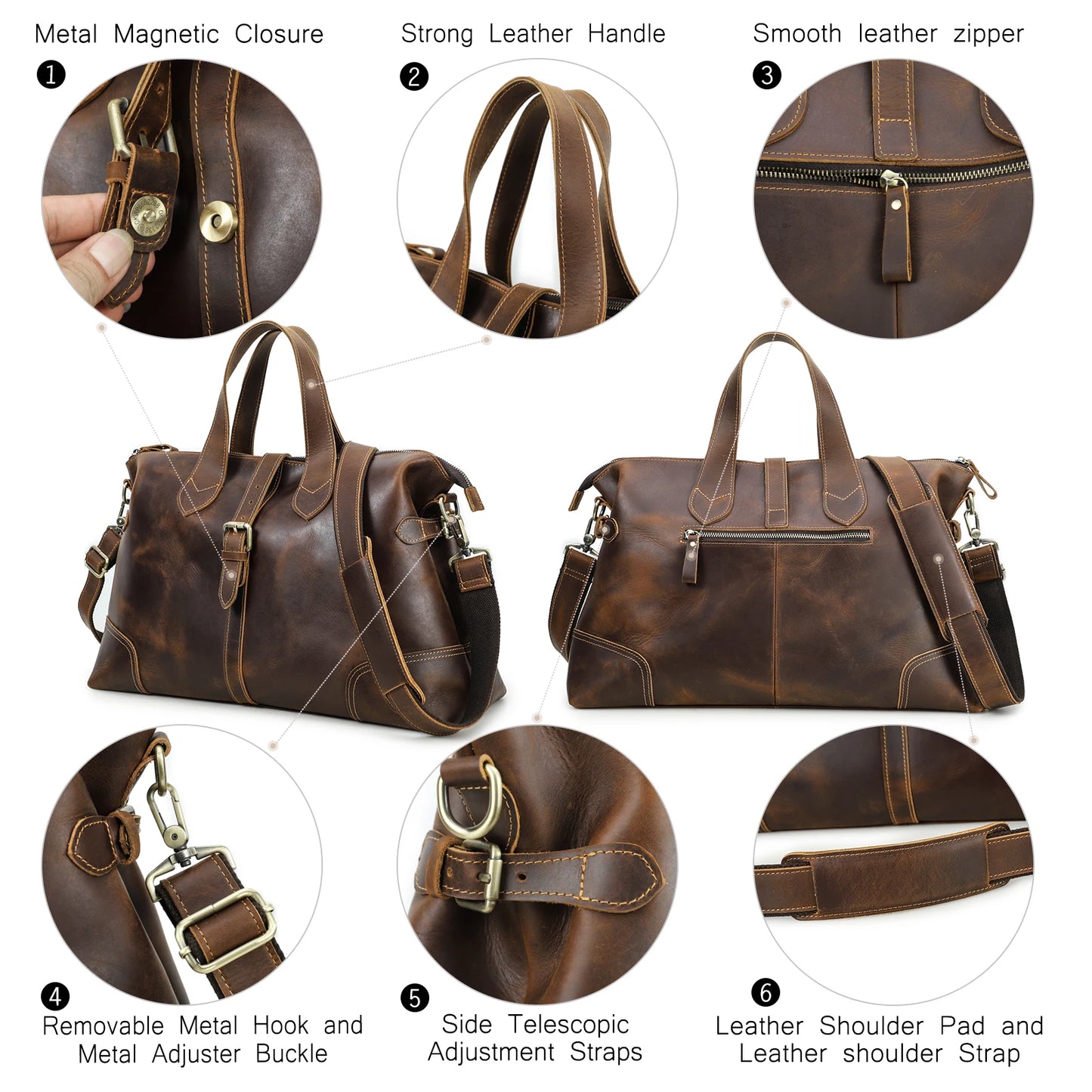 Contact's Men Crazy Horse Leather Travel Bag Multifunctional Business Casual Luggage Bag Large Capacity Vintage Tote Handbags