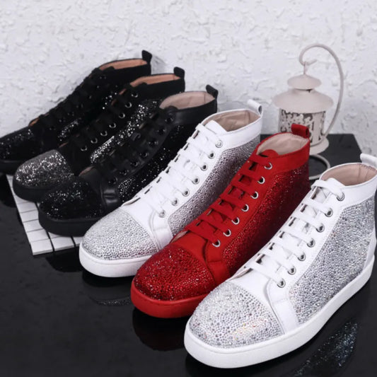 New red soled shoes rhinestone high-top CL men's shoes studs personality genuine leather women's shoes hot diamond lace