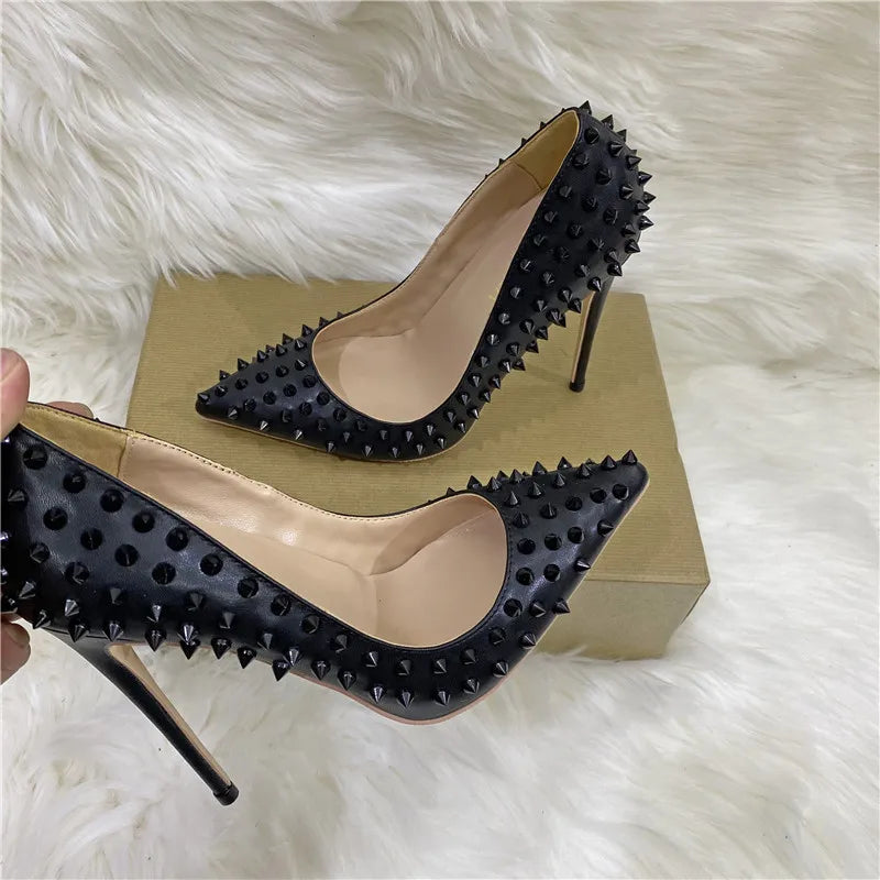 White Spikes Women Pointed Toe Stilettos Sexy High Heels Rivets Ladies Slip-on Pumps Night Club Shoes 12/10/8cm Optional