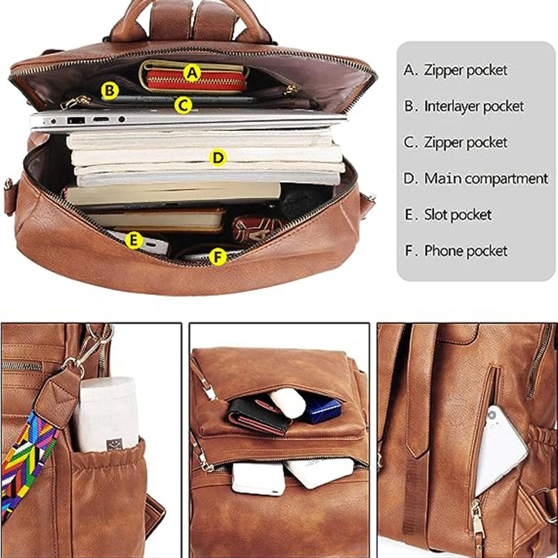 Women Backpack Purse Fashion Leather Designer Ladies Convertible Travel College Shoulder Bags with Colorful Strap