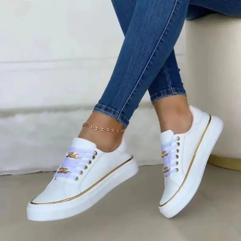 Women's Sneakers New Fashion Chain Leather Comfortable Round Toe Platform Sneakers Lace-up Walking Women's Vulcanized Shoes