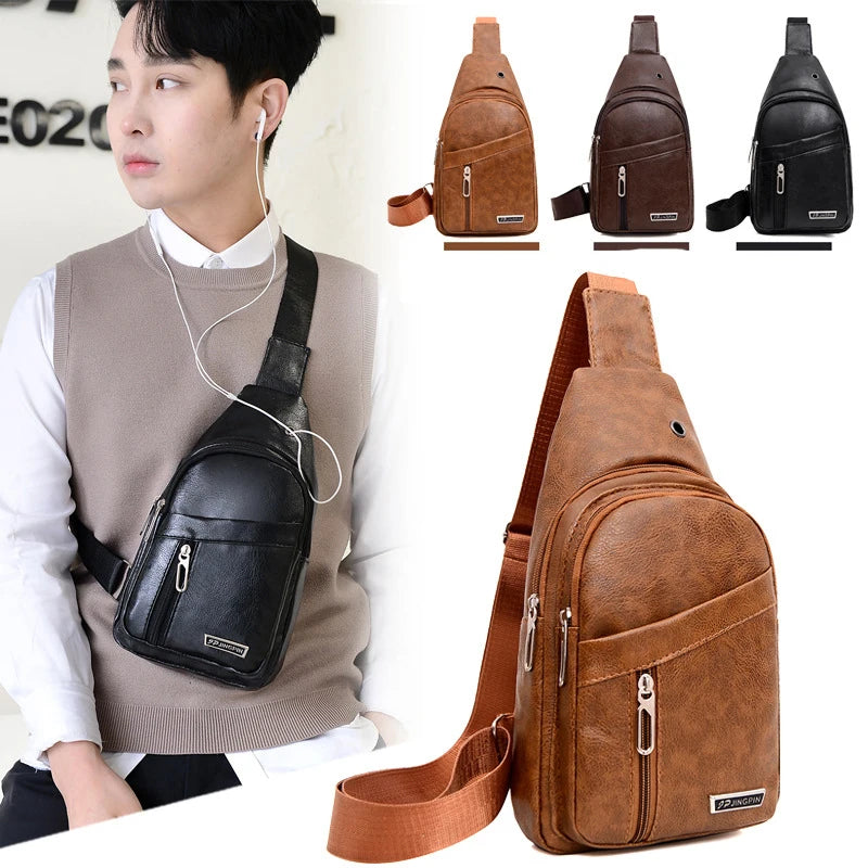 Small Backpack Fashionable Sports PU Leather Crossbody Shoulder Bag Headphone Hole Large Capacity Men's Chest Bags Package Case