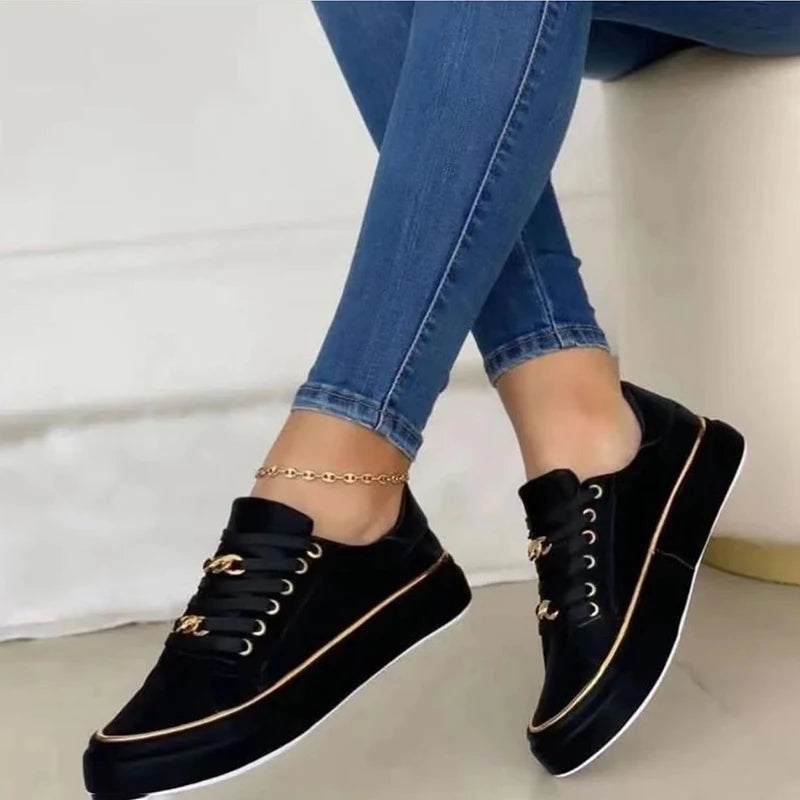 Women's Sneakers New Fashion Chain Leather Comfortable Round Toe Platform Sneakers Lace-up Walking Women's Vulcanized Shoes