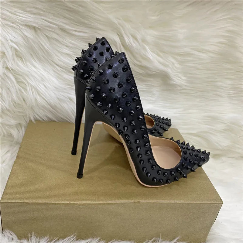 White Spikes Women Pointed Toe Stilettos Sexy High Heels Rivets Ladies Slip-on Pumps Night Club Shoes 12/10/8cm Optional