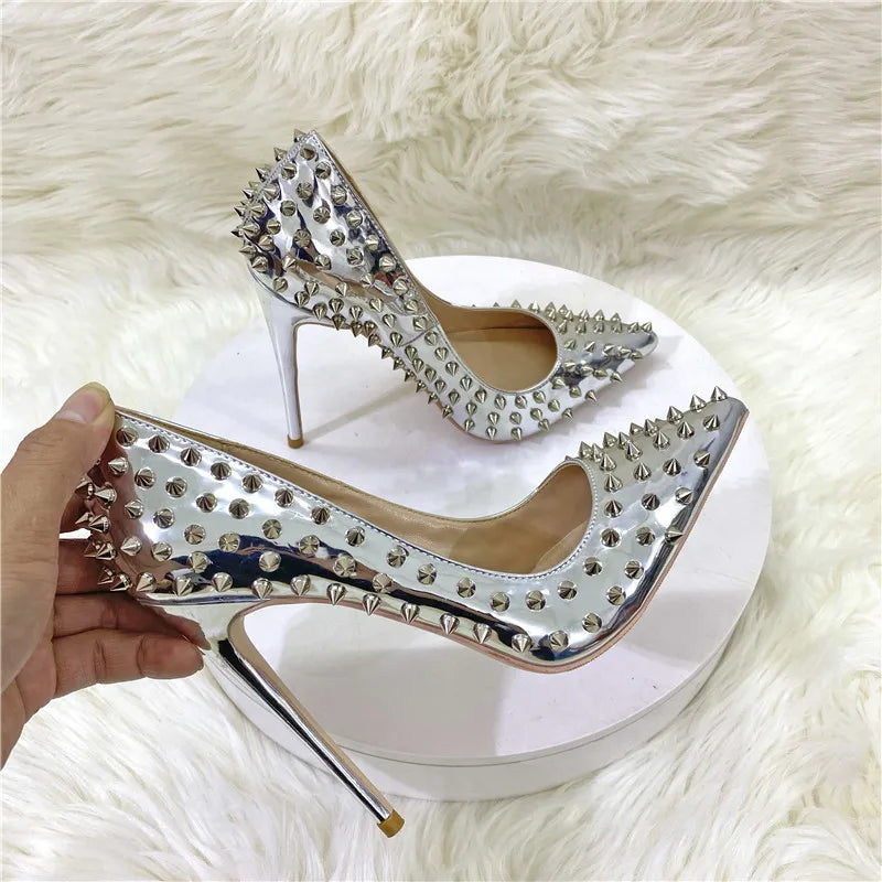 White Spikes Women Pointed Toe Stilettos Sexy High Heels Rivets Ladies Slip-on Pumps Night Club Shoes 12/10/8cm Optional