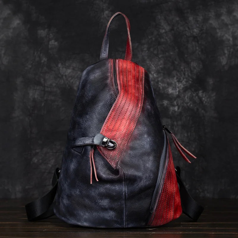 Genuine Leather Backpack Rucksack for Women School Book Bags Patchwork Brush Color Travel Bag Cowhide Fashion Daypack Knapsack