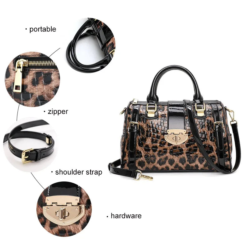 Genuine leather leopard print women's handbag new trend large capacity cowhide pillow bag