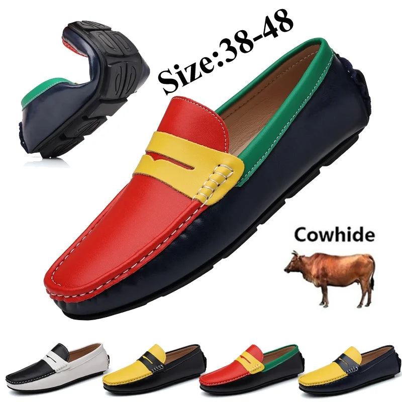 HKDQ Fashion Red Casual Leather Moccasins Men Summer Breathable Men's Loafers Soft Comfort Slip-on Driving Shoes Men Big Size 48