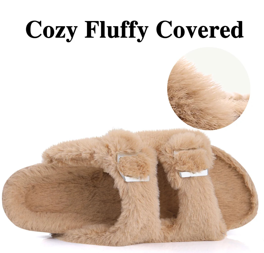 Shevalues Cork Footbed Plush Slippers For Women Winter Fur Furry Slippers Home Fluffy Slides With Arch Support Fuzzy Flip Flops