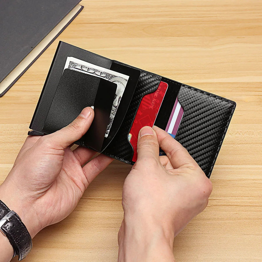 Carbon Fiber Slim Aluminum Men Wallet ID Credit Card Holder Mini RFID Wallet Automatic Pop up Bank Card Case Black Vallet