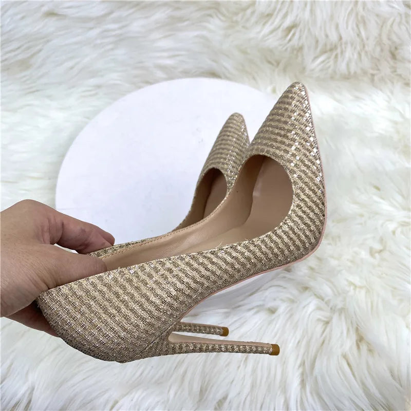 Tikicup Plaid Glitter Gold Sequined Women Pointy Toe High Heels Classic Wedding Party Shoes Shiny Bling Slip On Stiletto Pumps