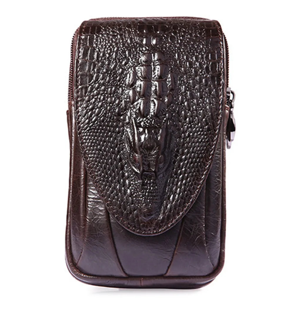 Men Waist Fanny Pack Bag Cell/Mobile Phone Case Cover Genuine Leather Crocodile Grain Vintage Male Hip Bum Belt Bags